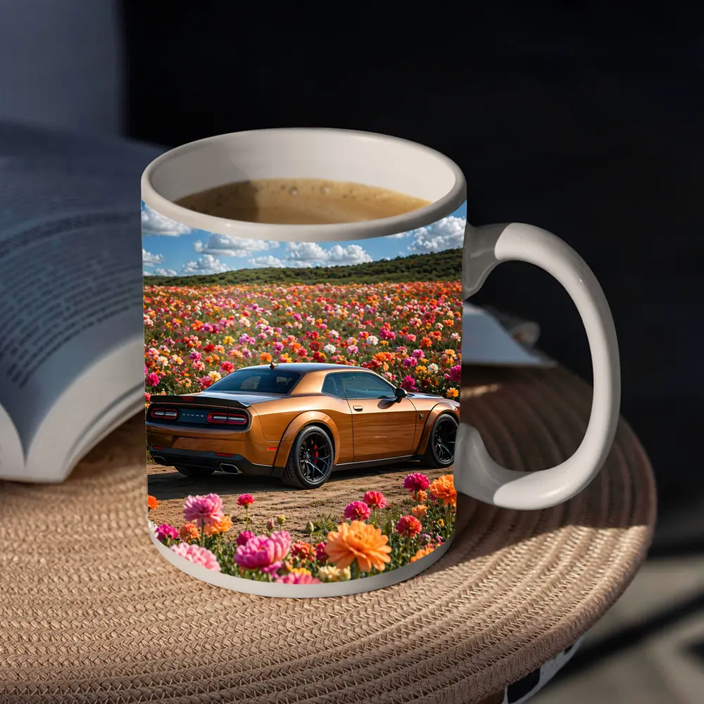 Dodge Challenger Hellcat Parked Among Colorful Flowers – Mugs