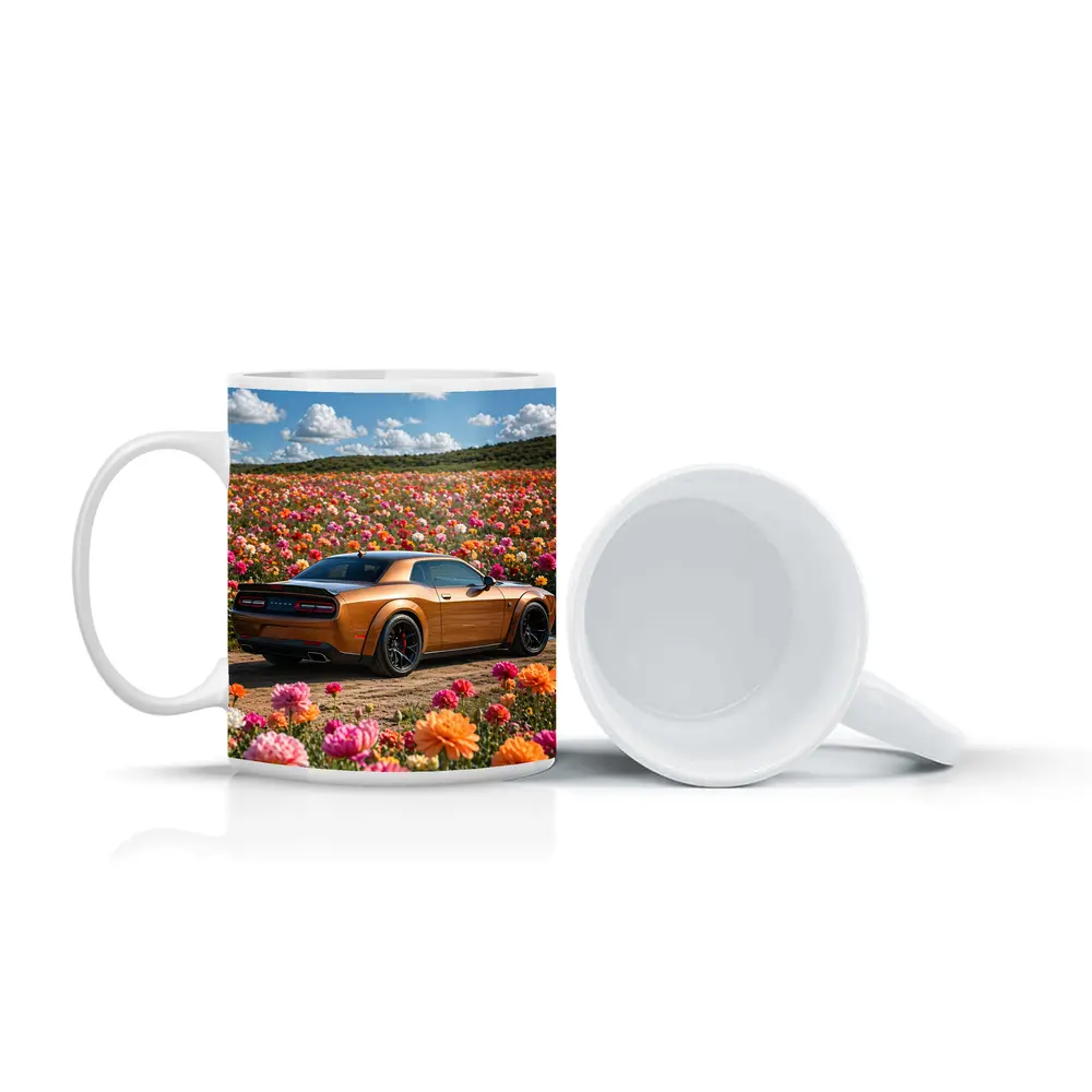 Dodge Challenger Hellcat Parked Among Colorful Flowers – Mugs