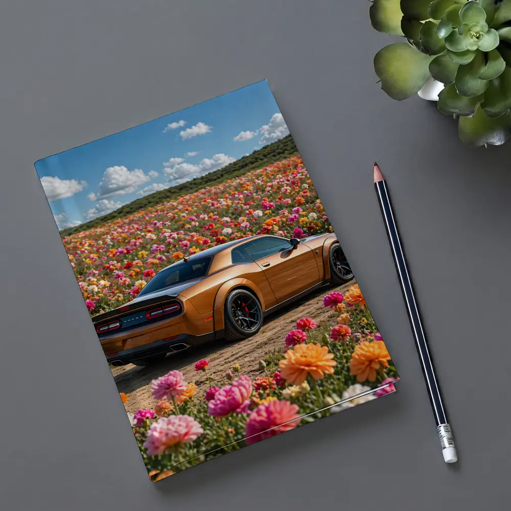 Dodge Challenger Hellcat Parked Among Colorful Flowers – Notebooks