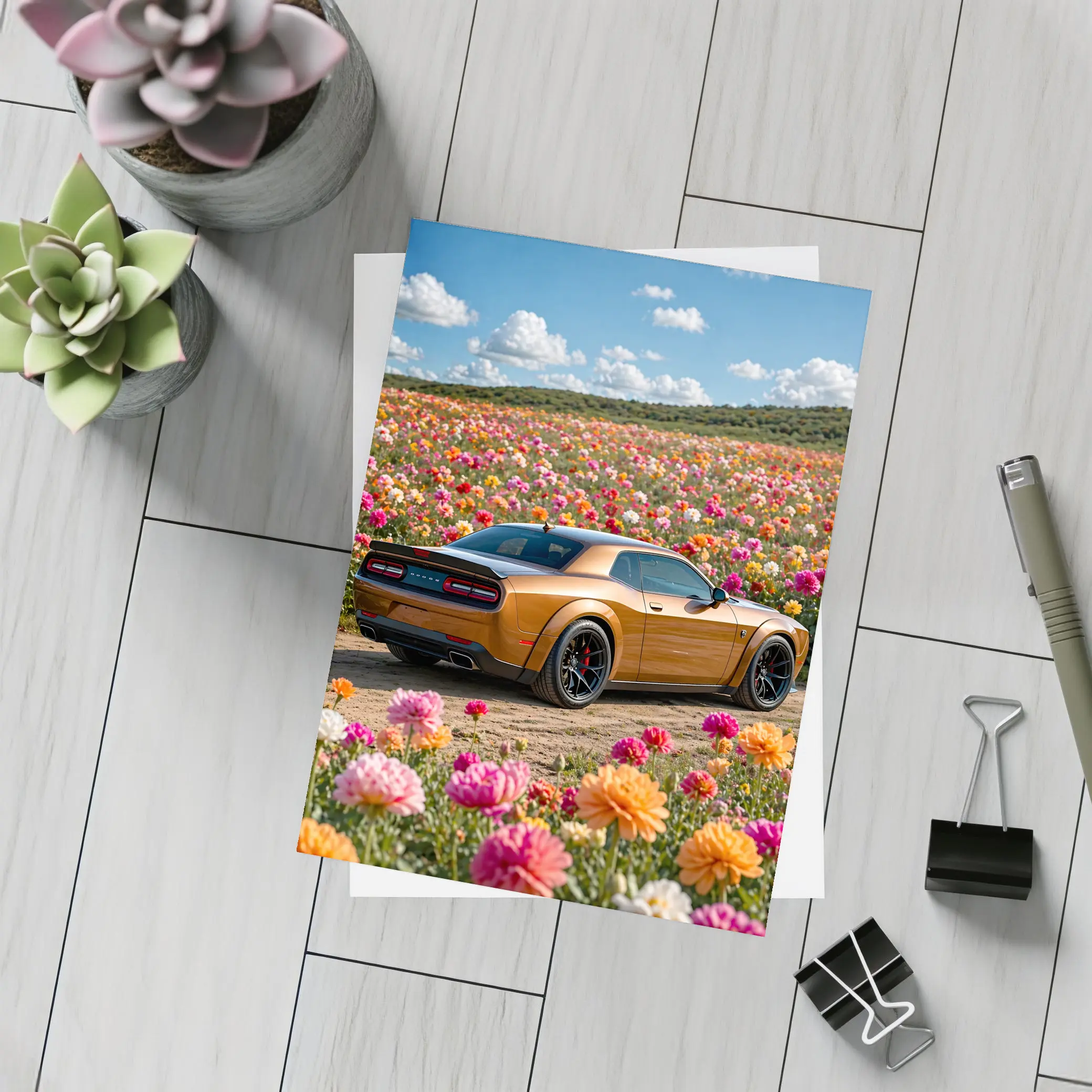 Dodge Challenger Hellcat Parked Among Colorful Flowers – Postcards