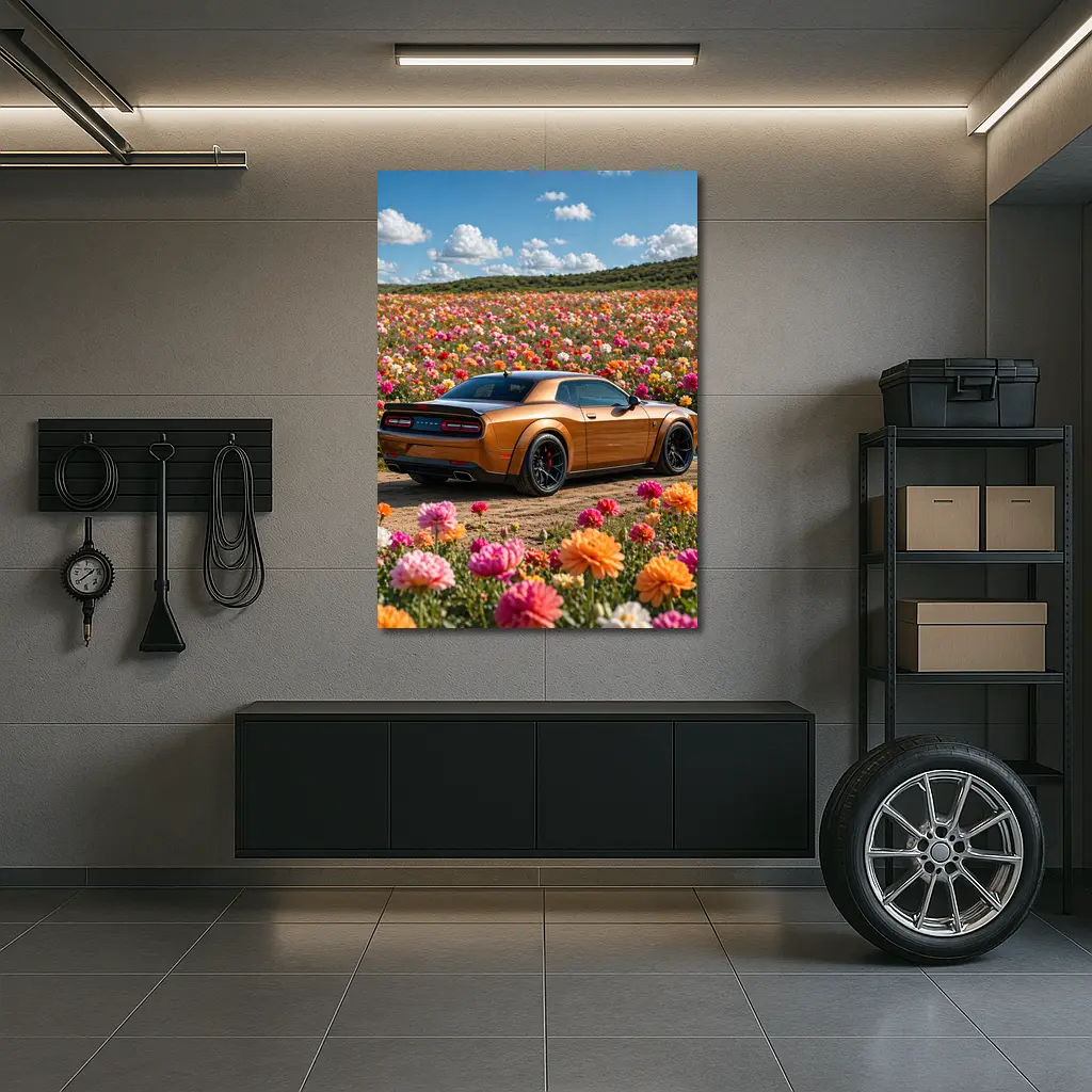 Dodge Challenger Hellcat Parked Among Colorful Flowers – Wall Art