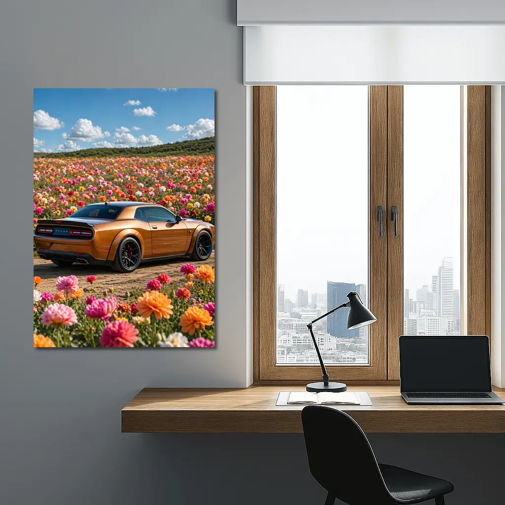 Dodge Challenger Hellcat Parked Among Colorful Flowers – Wall Art
