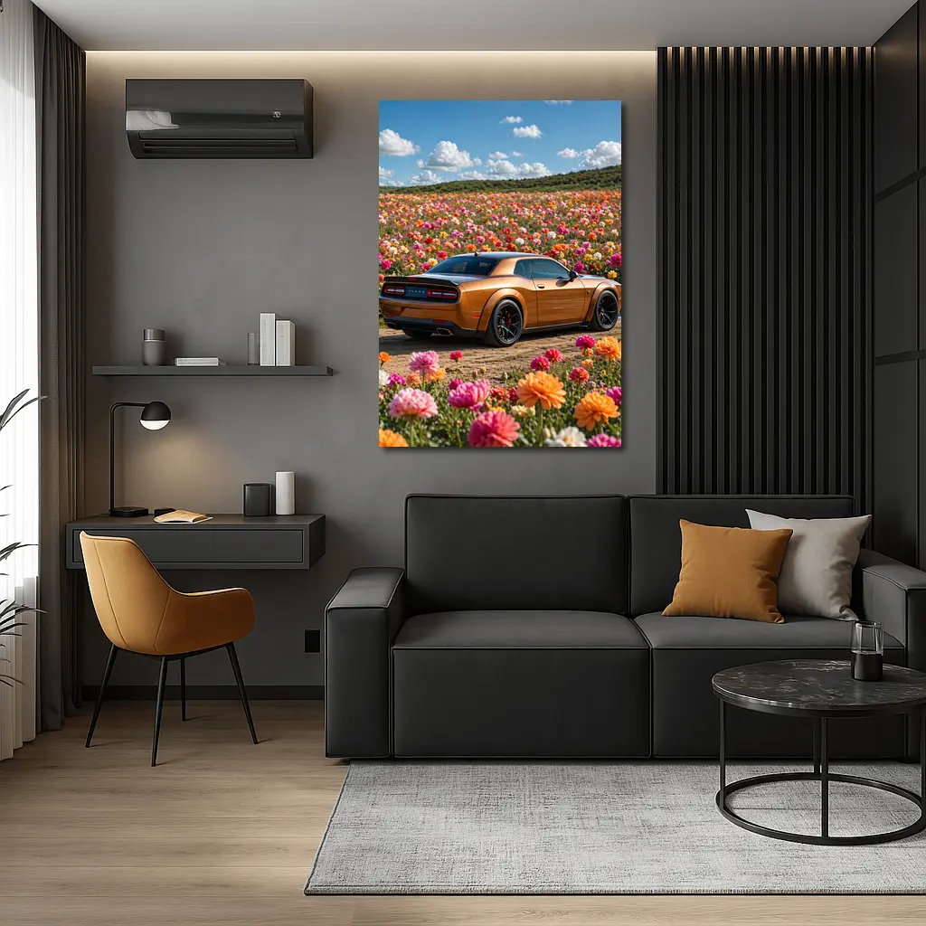 Dodge Challenger Hellcat Parked Among Colorful Flowers – Wall Art