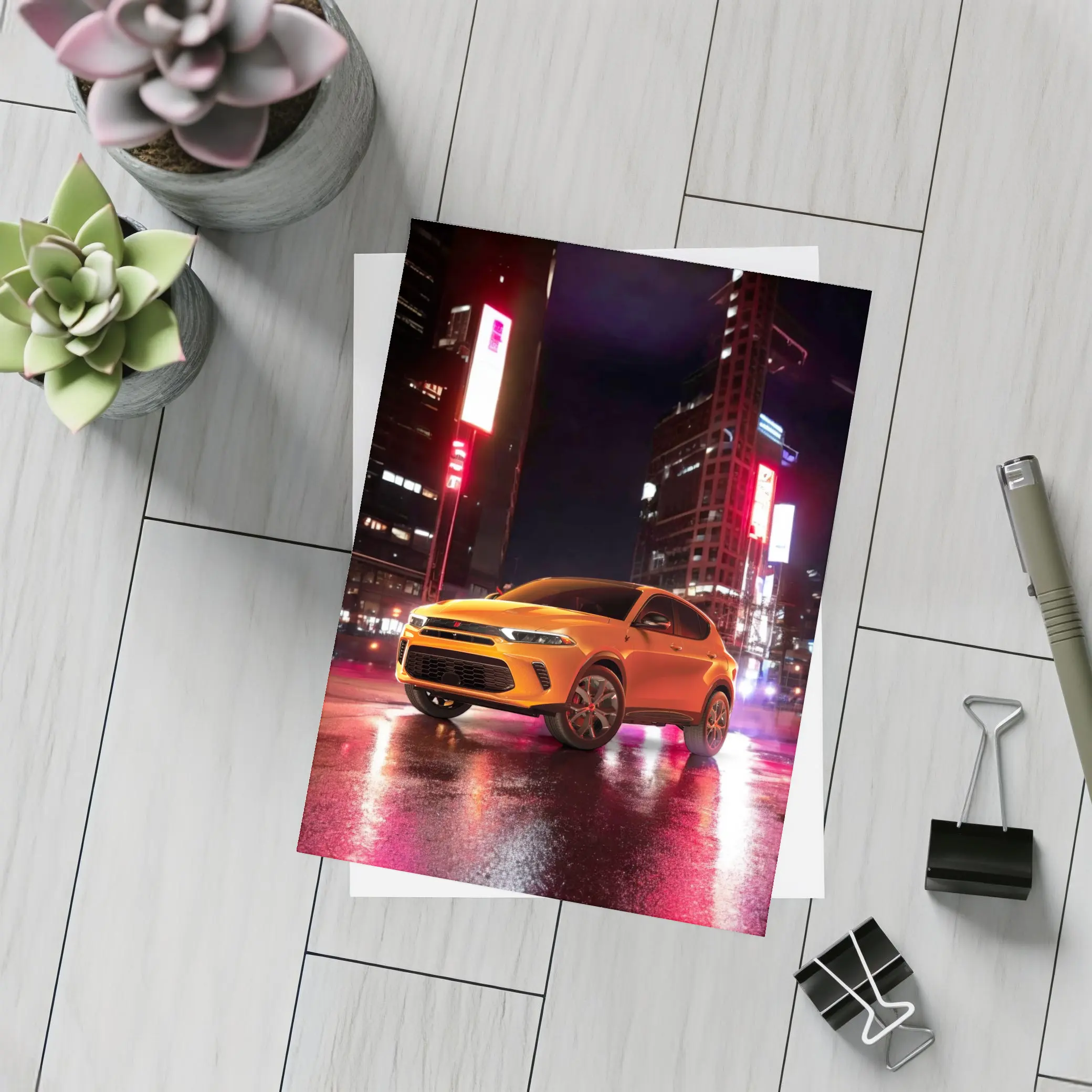 Dodge Hornet Orange SUV City Night – Postcards