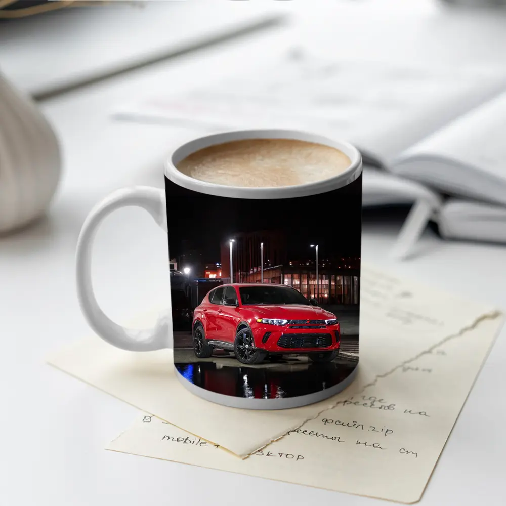 Dodge Hornet Red SUV Wet Night Street – Mugs