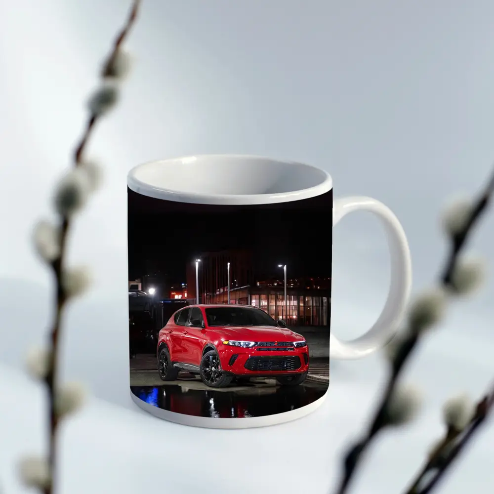 Dodge Hornet Red SUV Wet Night Street – Mugs