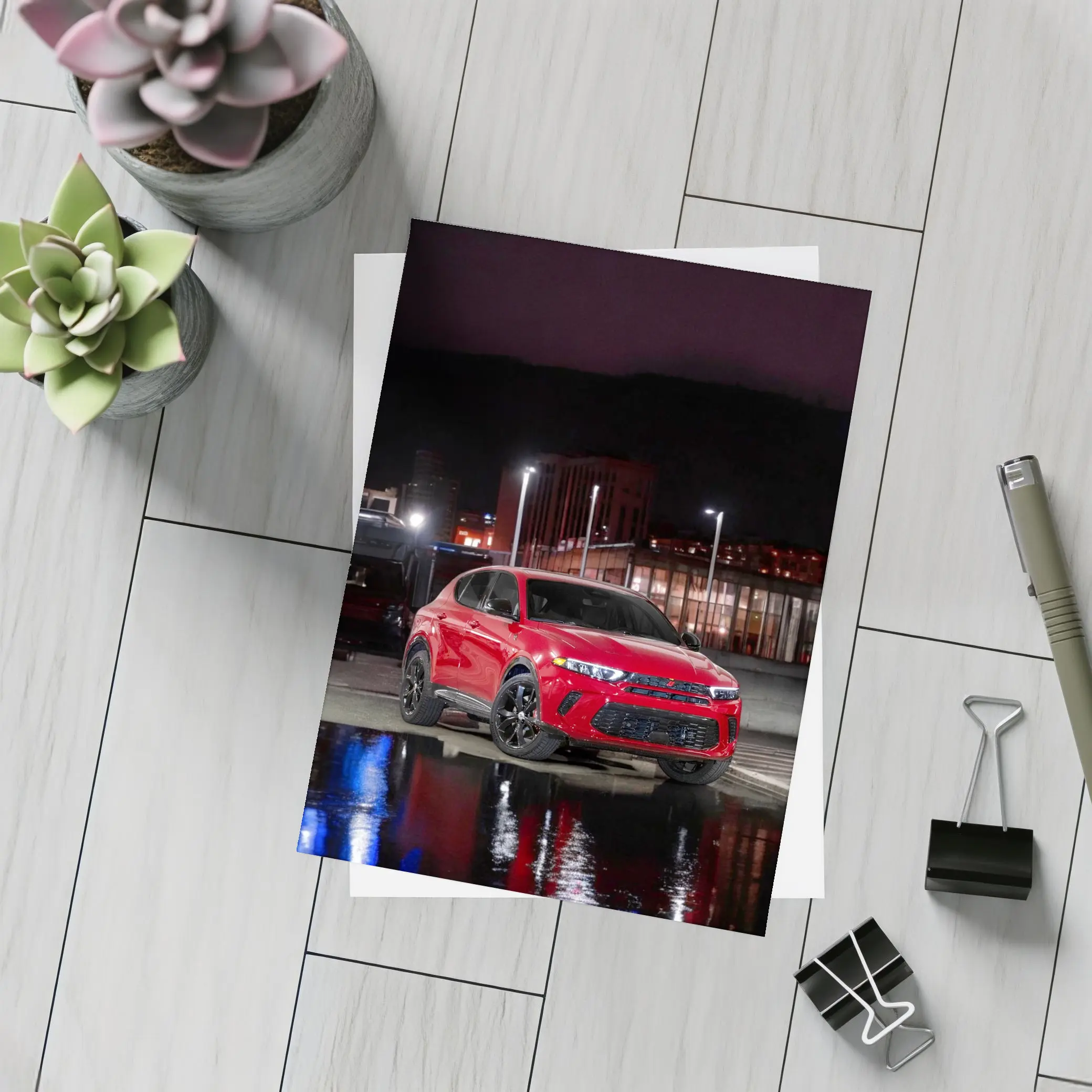 Dodge Hornet Red SUV Wet Night Street – Postcards