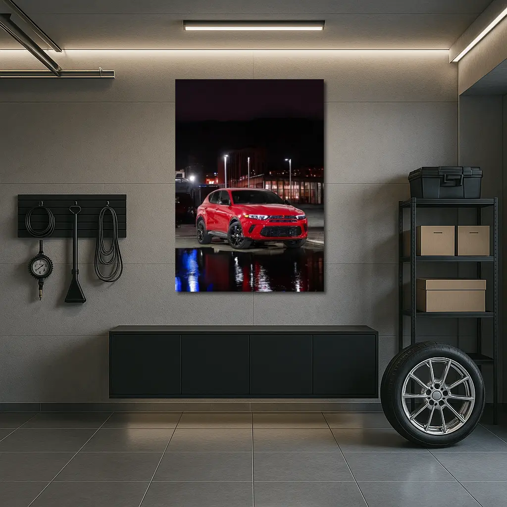 Dodge Hornet Red SUV Wet Night Street – Wall Art