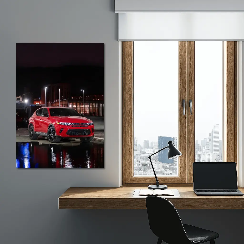 Dodge Hornet Red SUV Wet Night Street – Wall Art