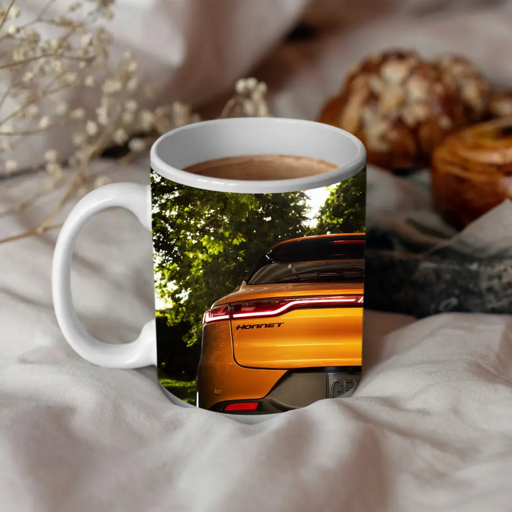 Dodge Hornet Orange Rear View Green Trees – Mugs