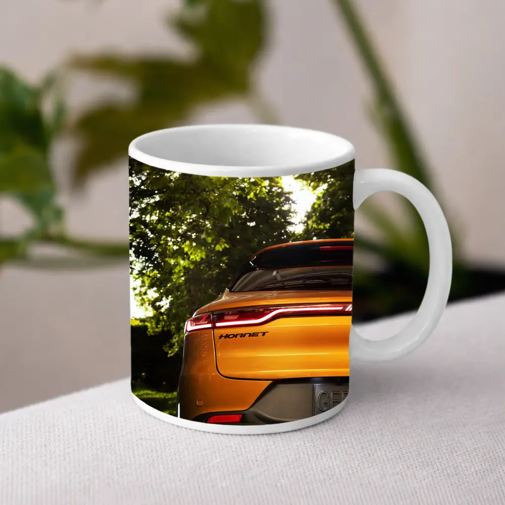 Dodge Hornet Orange Rear View Green Trees – Mugs