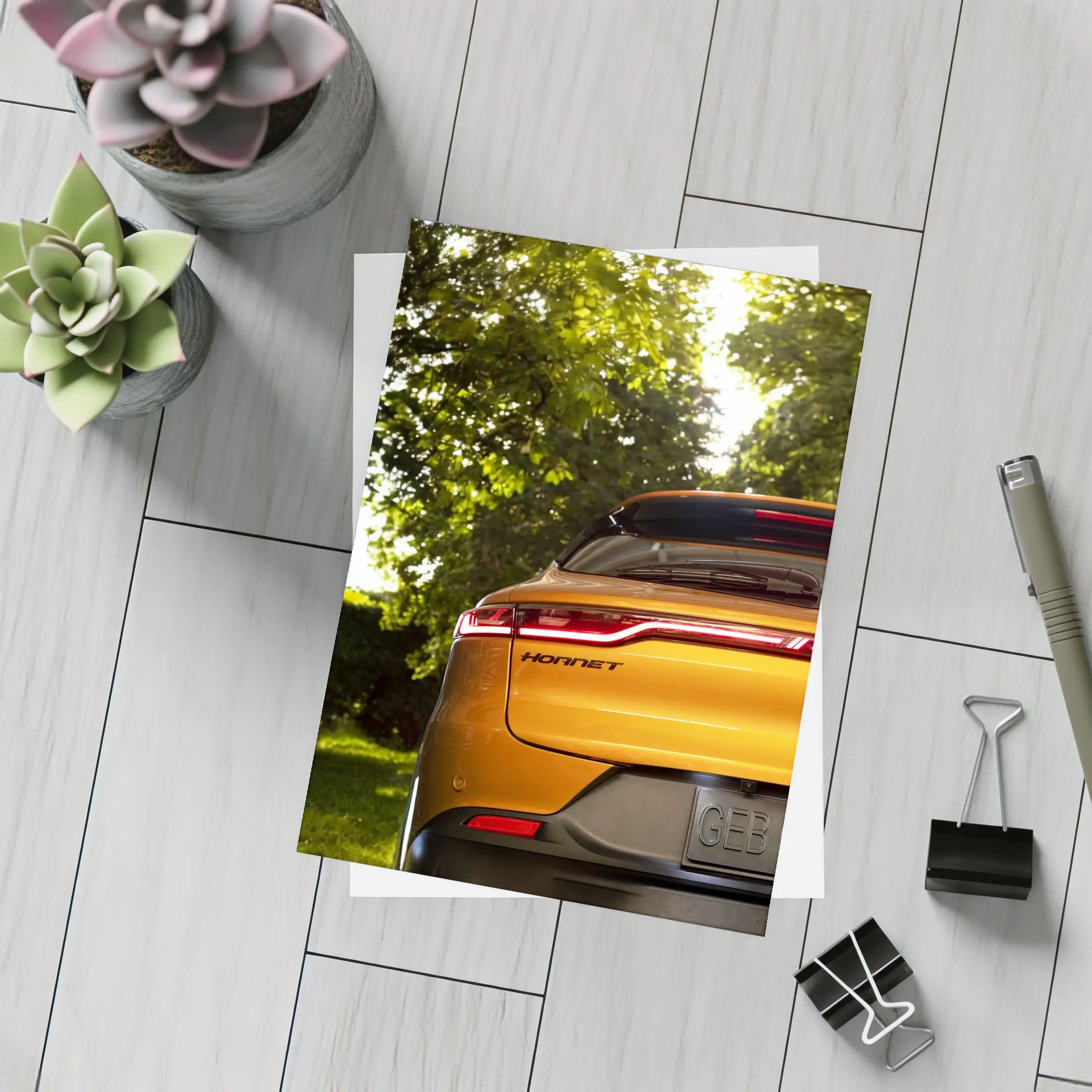Dodge Hornet Orange Rear View Green Trees – Postcards