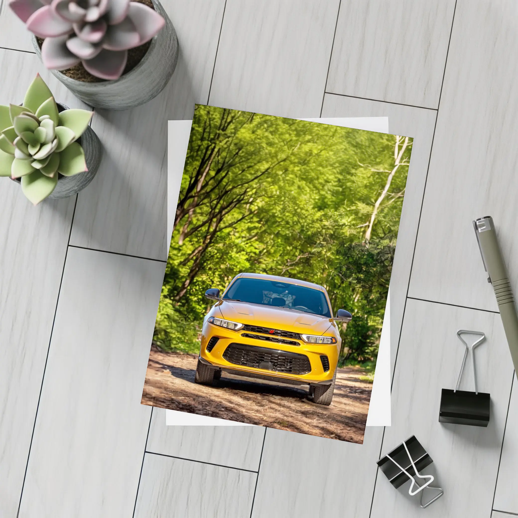 Dodge Hornet Yellow SUV Forest Trail – Postcards