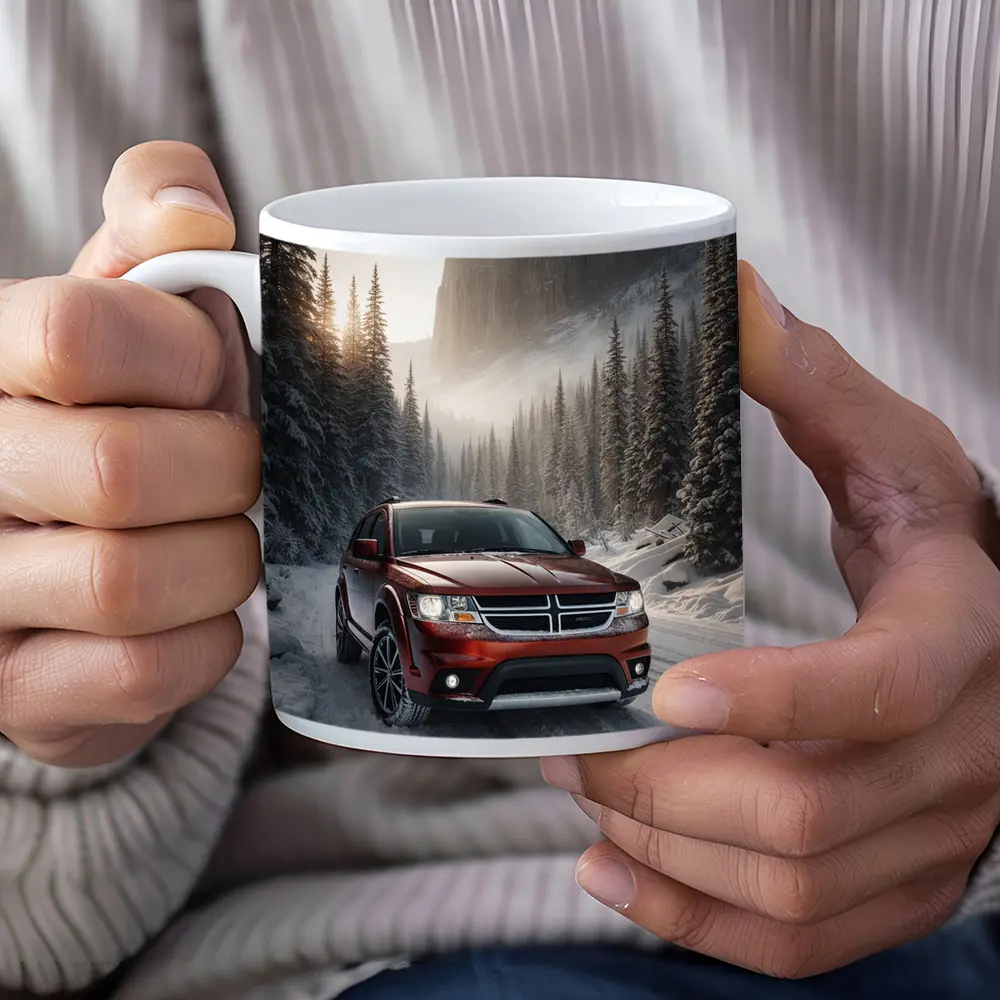 Dodge Journey Red SUV Snowy Forest Road – Mugs