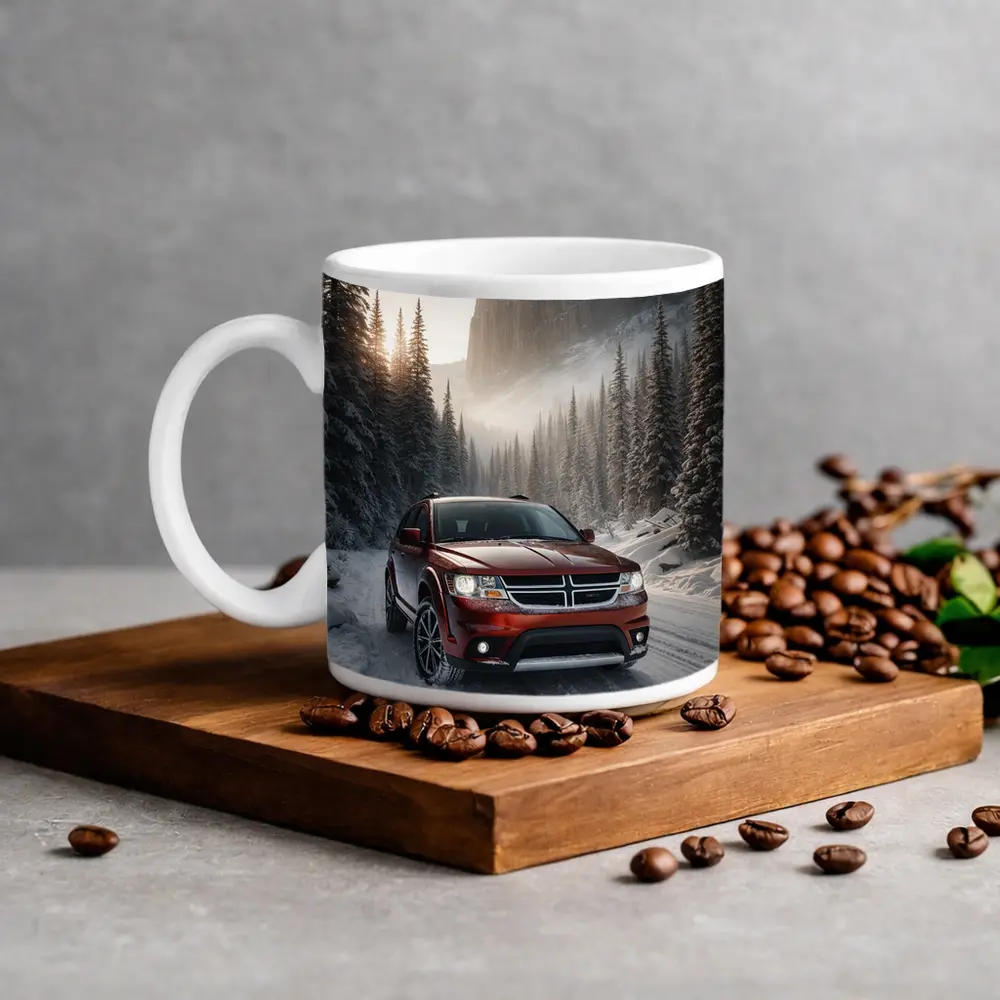 Dodge Journey Red SUV Snowy Forest Road – Mugs