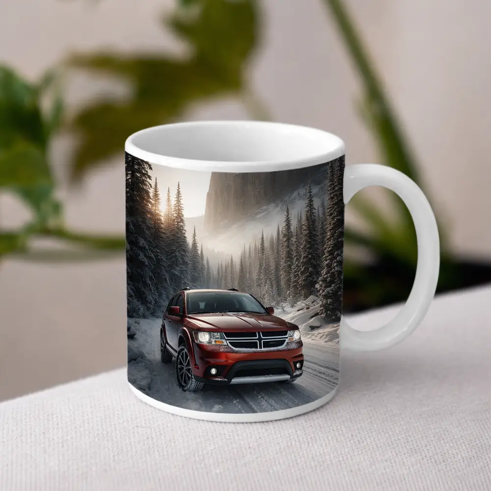 Dodge Journey Red SUV Snowy Forest Road – Mugs