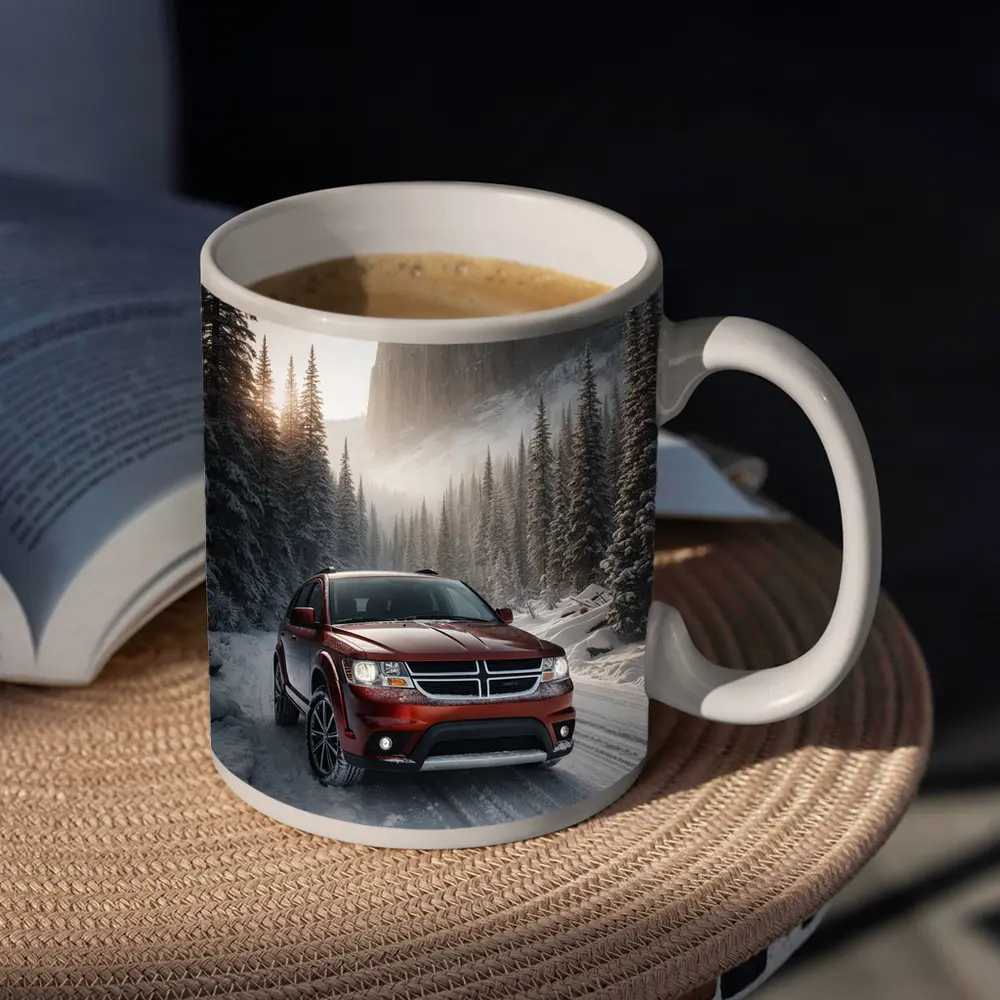 Dodge Journey Red SUV Snowy Forest Road – Mugs