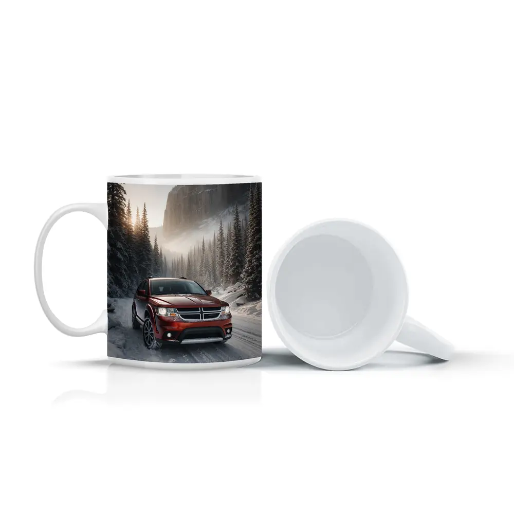 Dodge Journey Red SUV Snowy Forest Road – Mugs