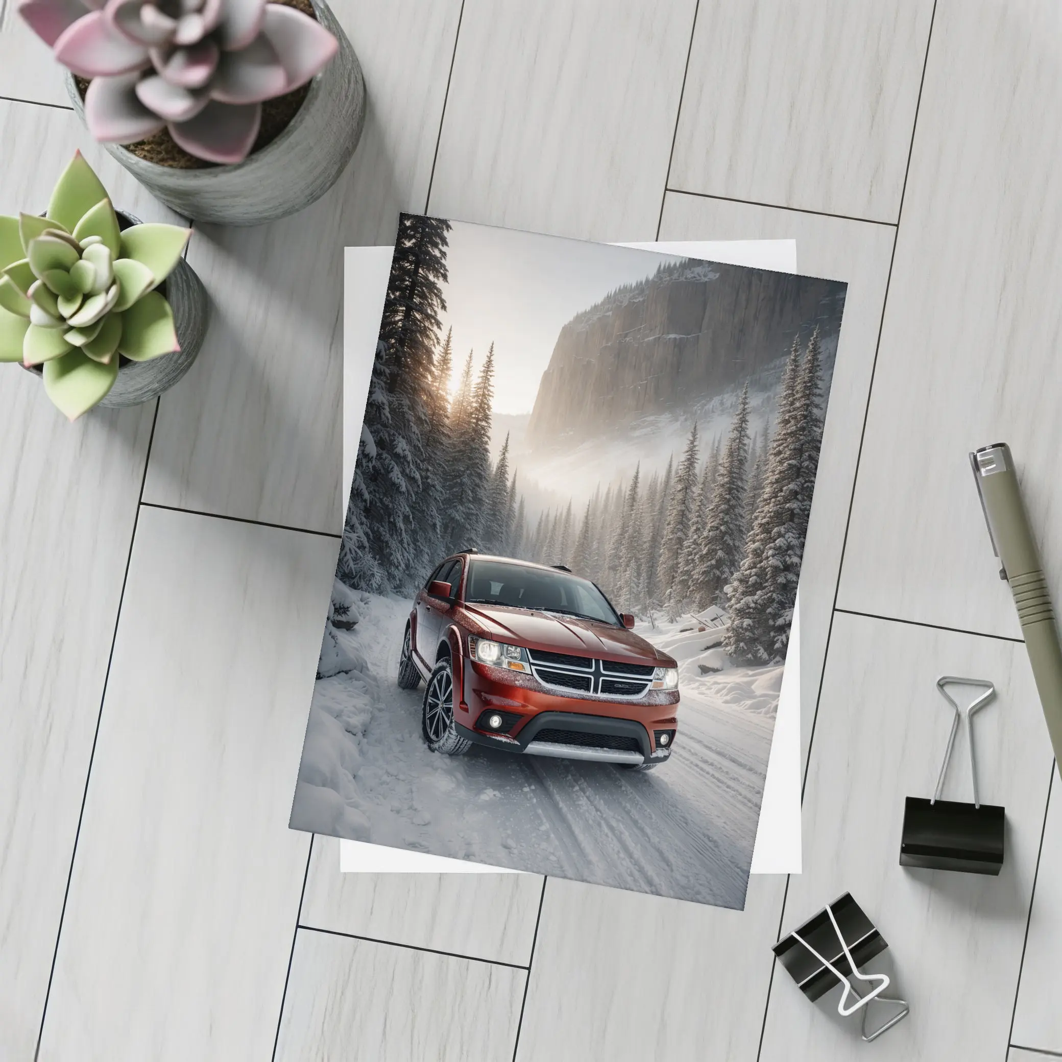 Dodge Journey Red SUV Snowy Forest Road – Postcards