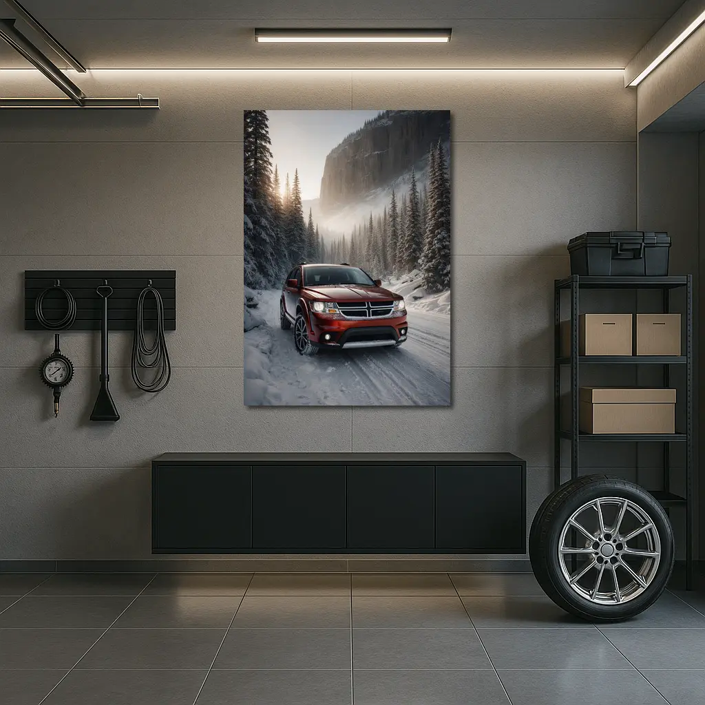 Dodge Journey Red SUV Snowy Forest Road – Wall Art