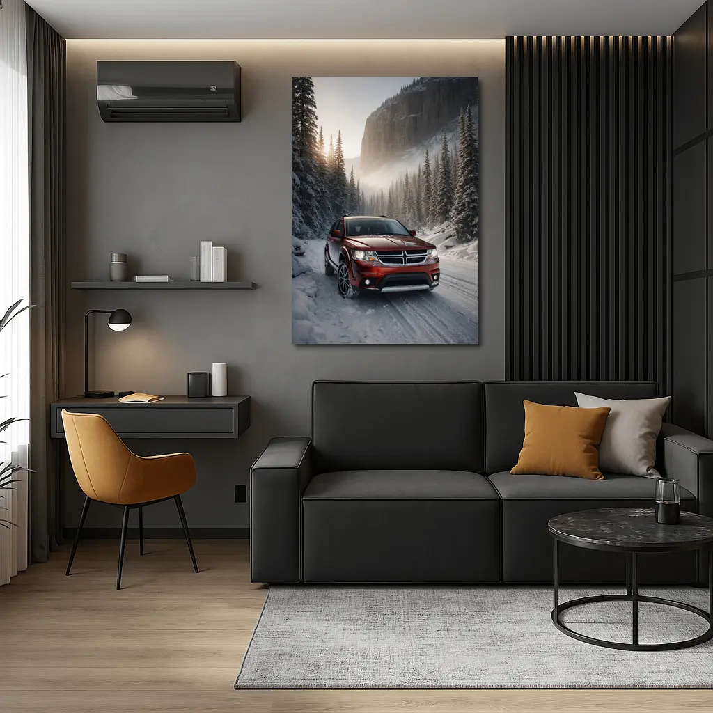 Dodge Journey Red SUV Snowy Forest Road – Wall Art