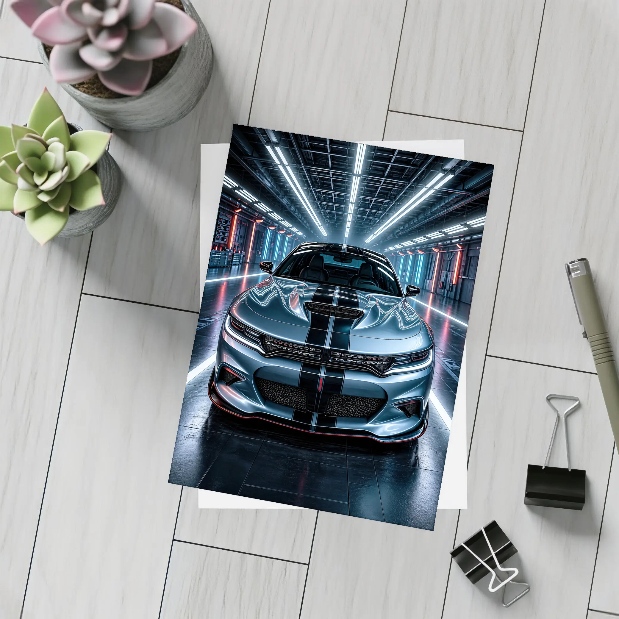 Dodge Charger Silver Front Neon Garage – Postcards