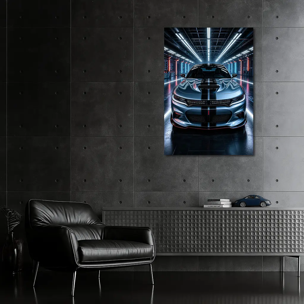 Dodge Charger Silver Front Neon Garage – Wall Art