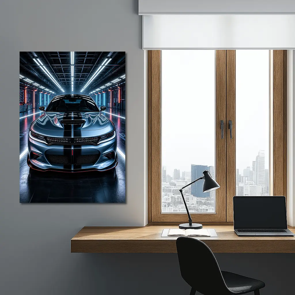 Dodge Charger Silver Front Neon Garage – Wall Art