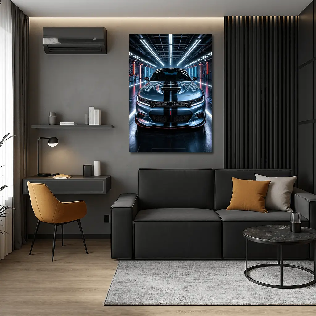 Dodge Charger Silver Front Neon Garage – Wall Art
