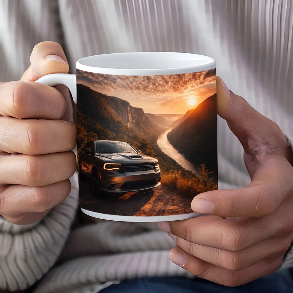 Dodge Durango Parked Above River Canyon Sunset – Mugs