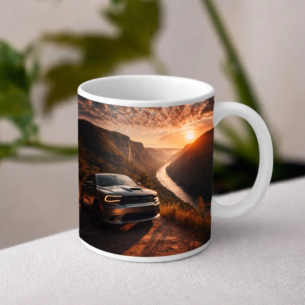 Dodge Durango Parked Above River Canyon Sunset – Mugs