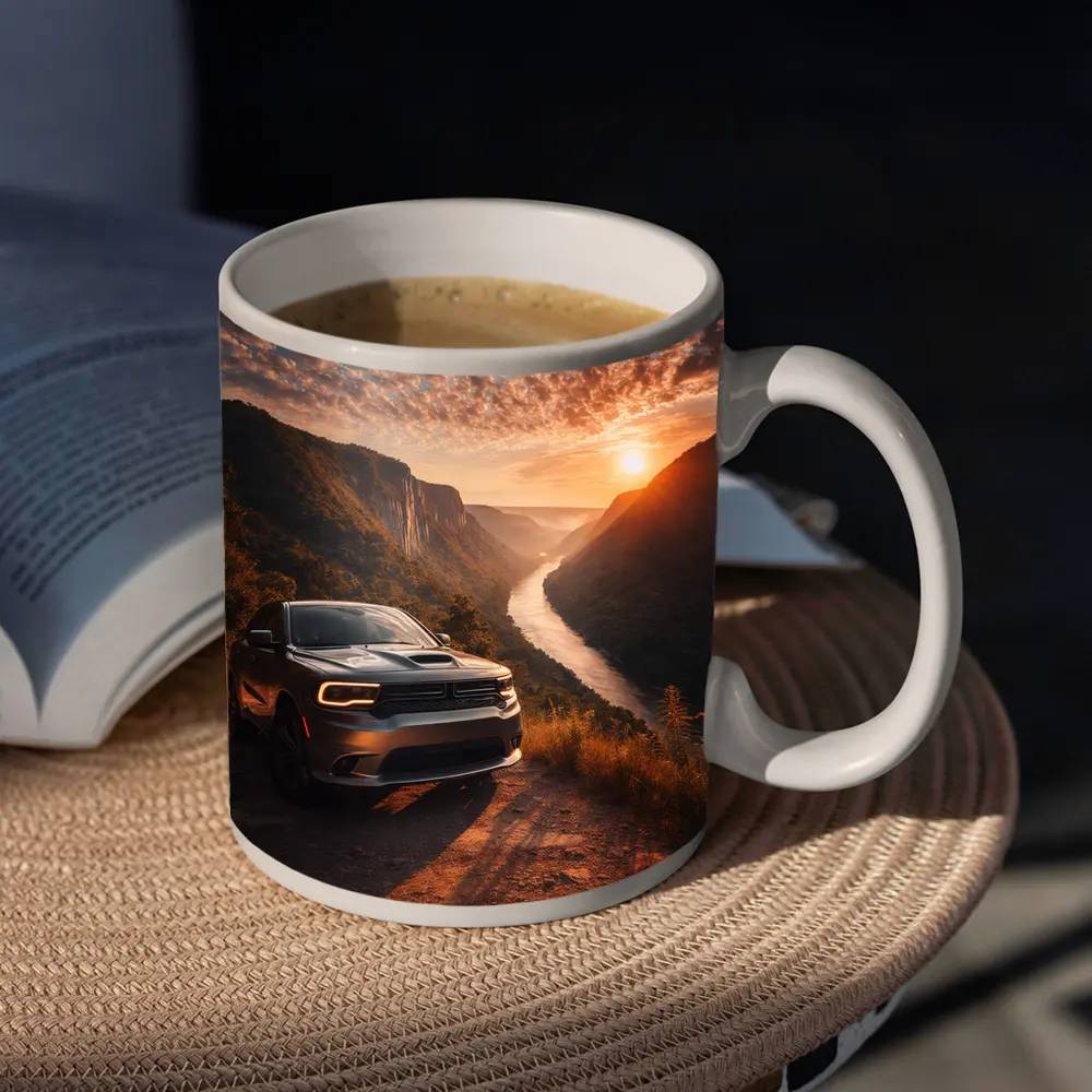 Dodge Durango Parked Above River Canyon Sunset – Mugs