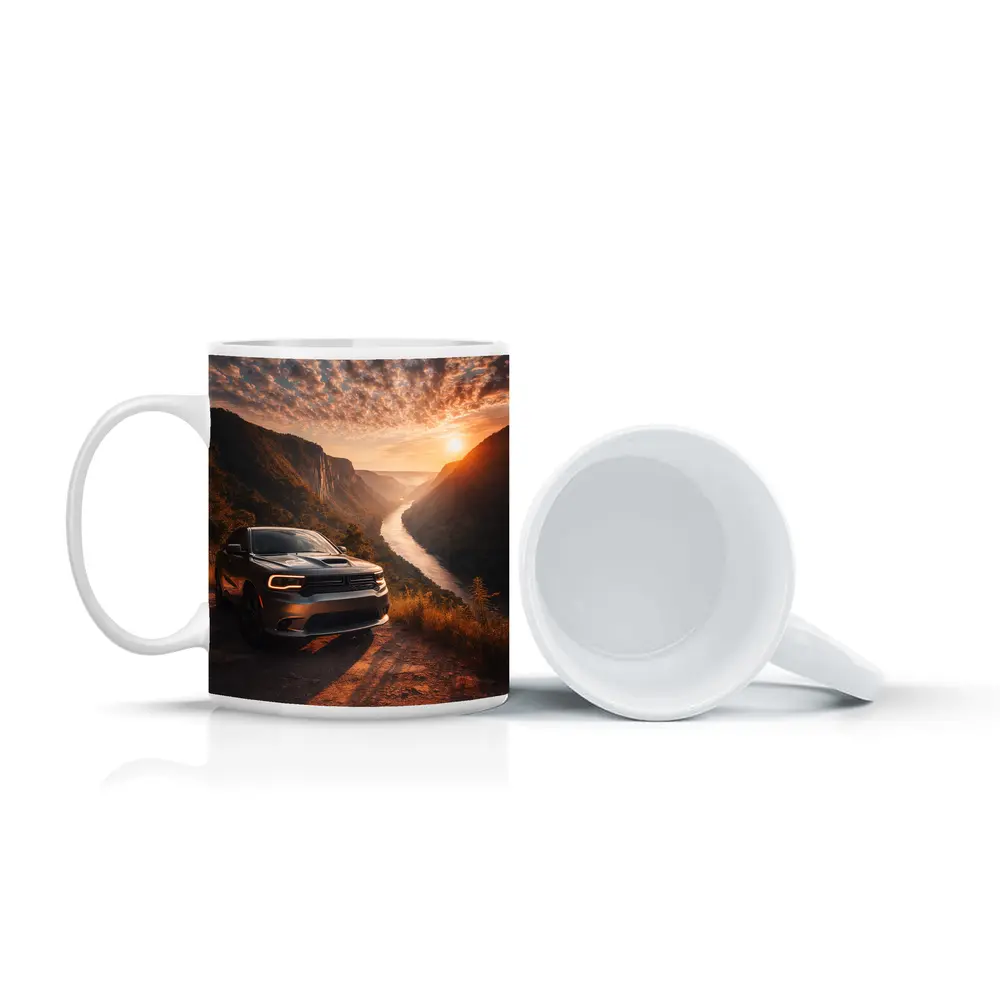 Dodge Durango Parked Above River Canyon Sunset – Mugs