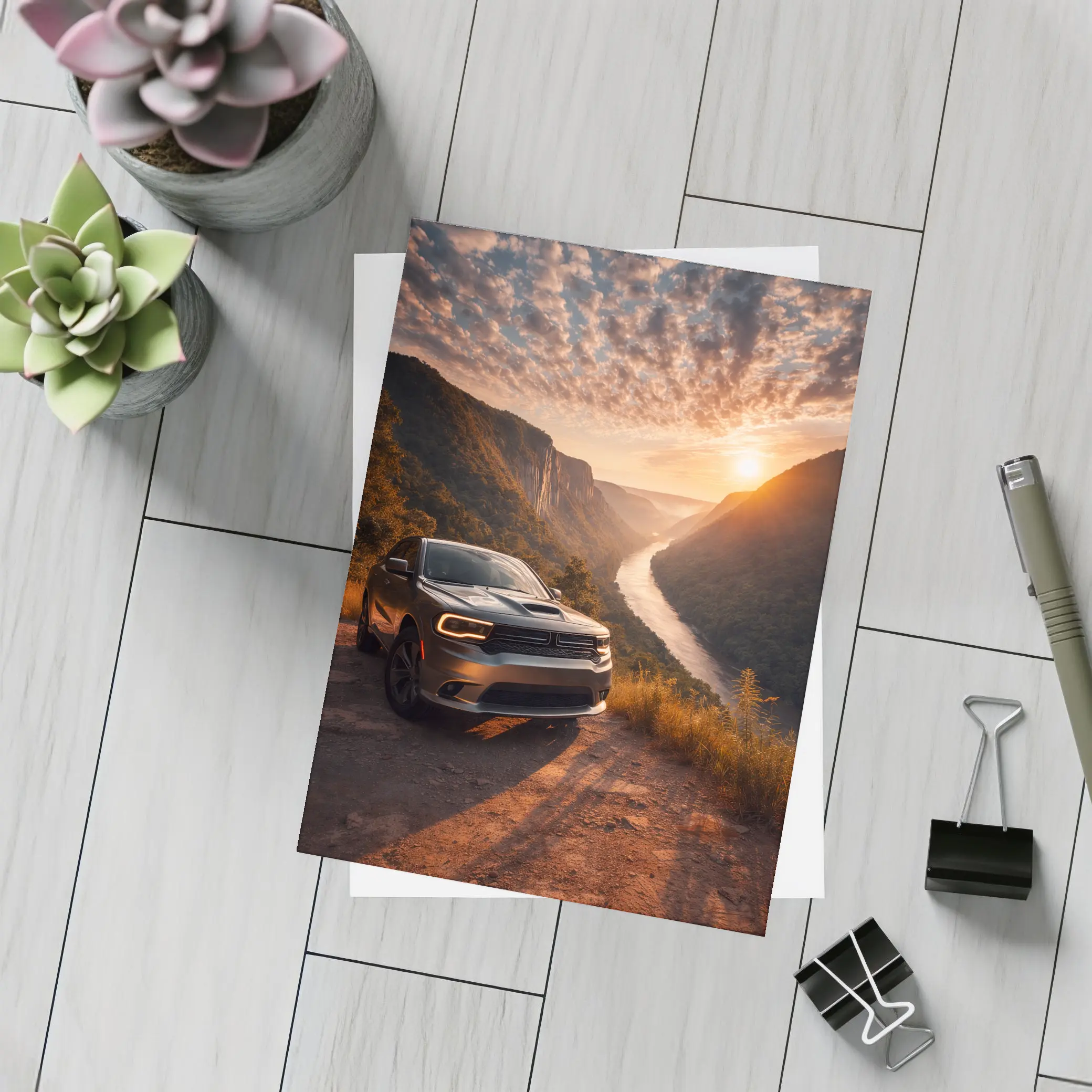 Dodge Durango Parked Above River Canyon Sunset – Postcards