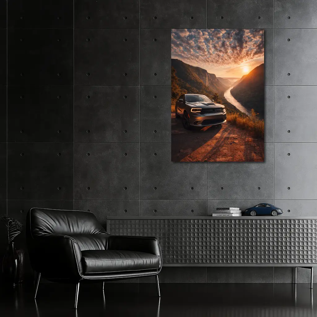 Dodge Durango Parked Above River Canyon Sunset – Wall Art