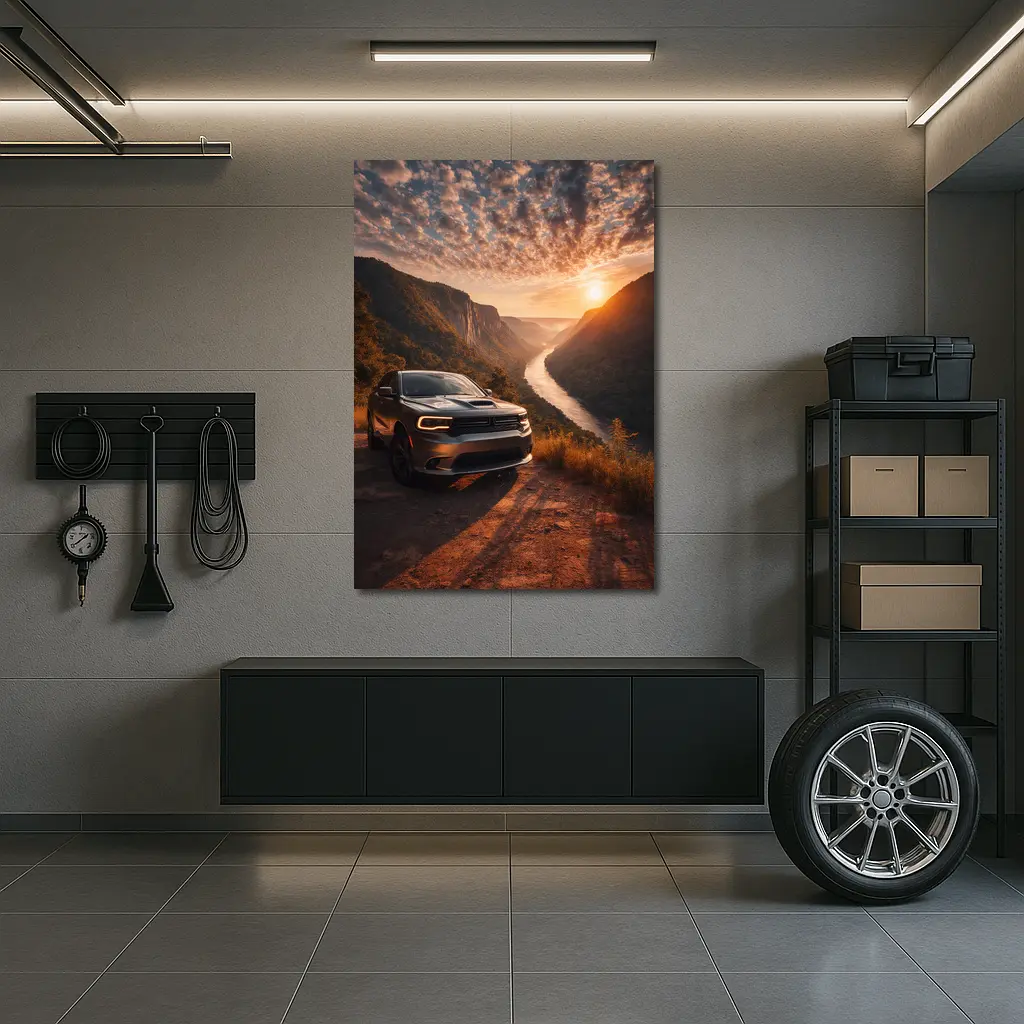 Dodge Durango Parked Above River Canyon Sunset – Wall Art