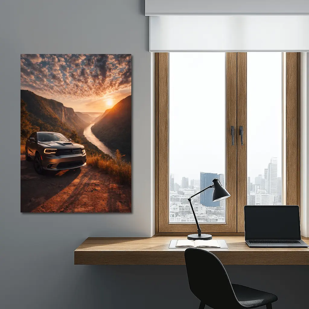 Dodge Durango Parked Above River Canyon Sunset – Wall Art