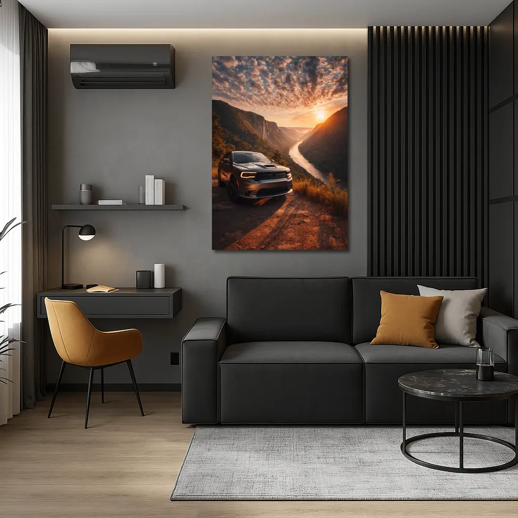 Dodge Durango Parked Above River Canyon Sunset – Wall Art