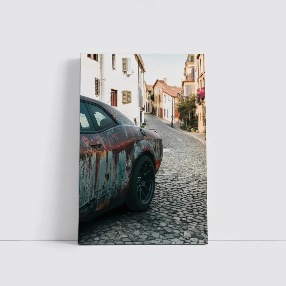 Rusty Dodge Challenger on Cobblestone Street – Wall Art