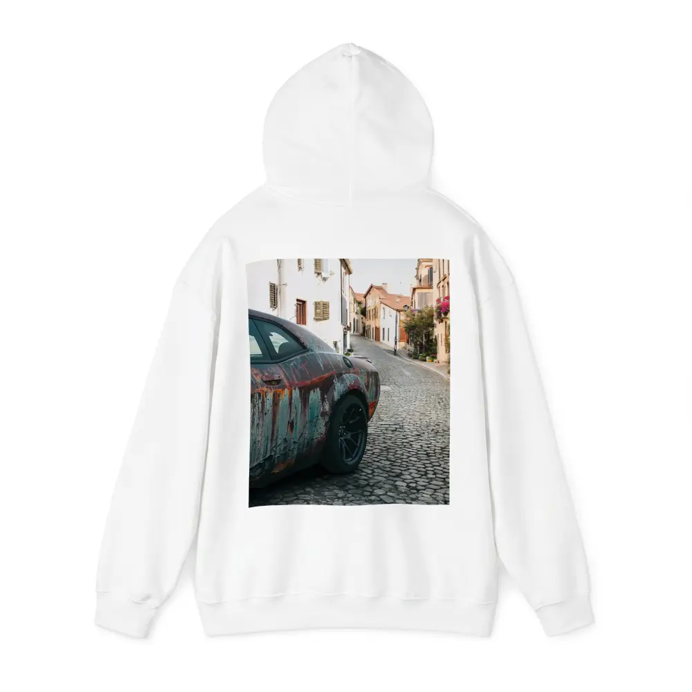 Rusty Dodge Challenger on Cobblestone Street – Hoodies