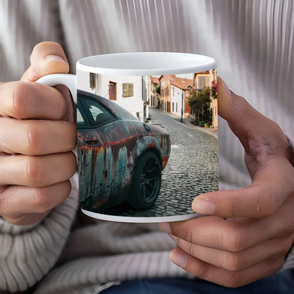 Rusty Dodge Challenger on Cobblestone Street – Mugs