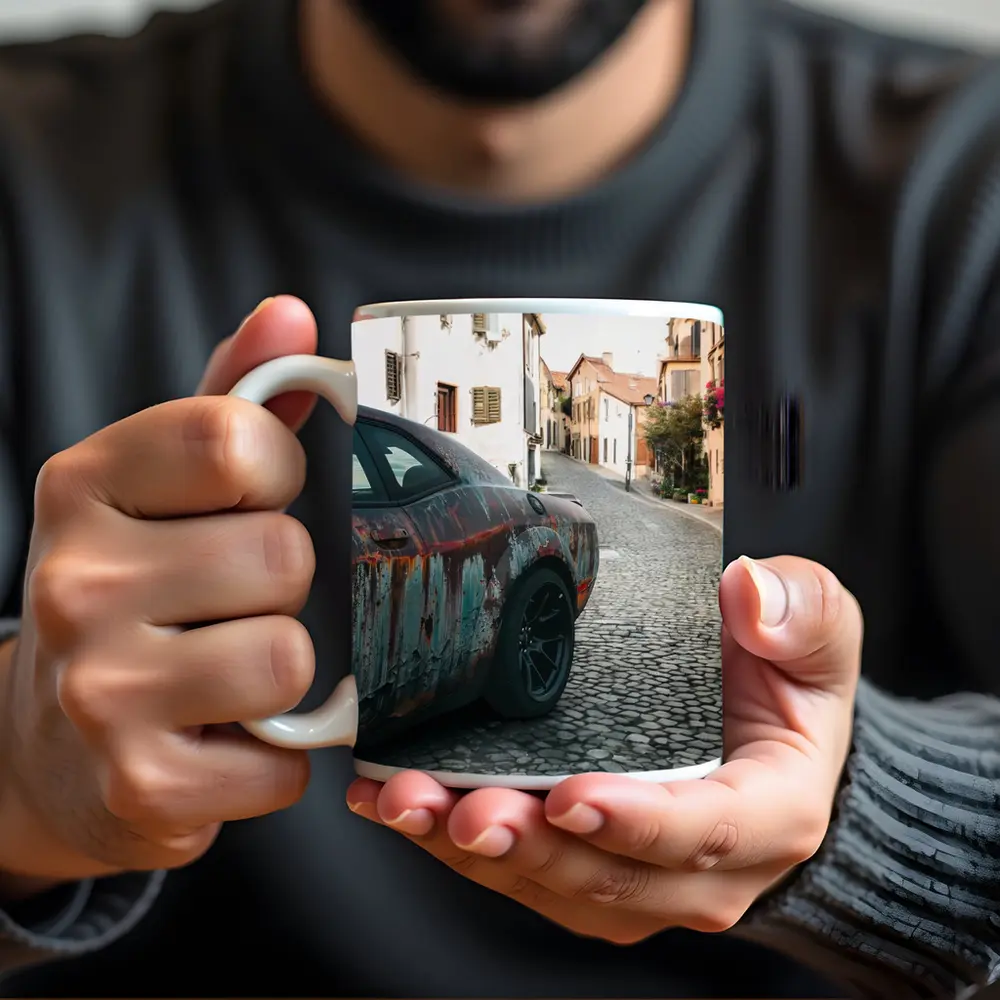 Rusty Dodge Challenger on Cobblestone Street – Mugs