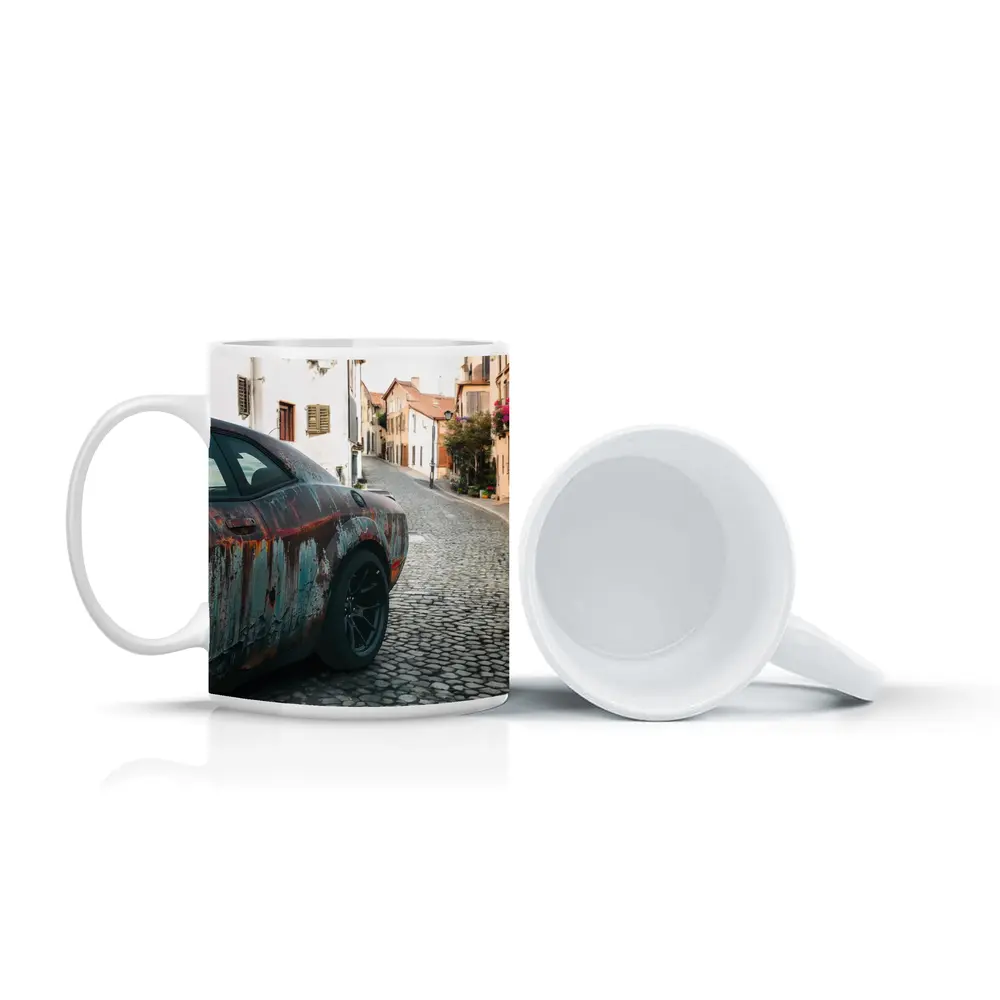 Rusty Dodge Challenger on Cobblestone Street – Mugs