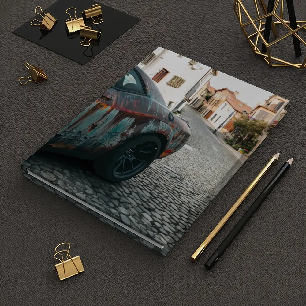 Rusty Dodge Challenger on Cobblestone Street – Notebooks