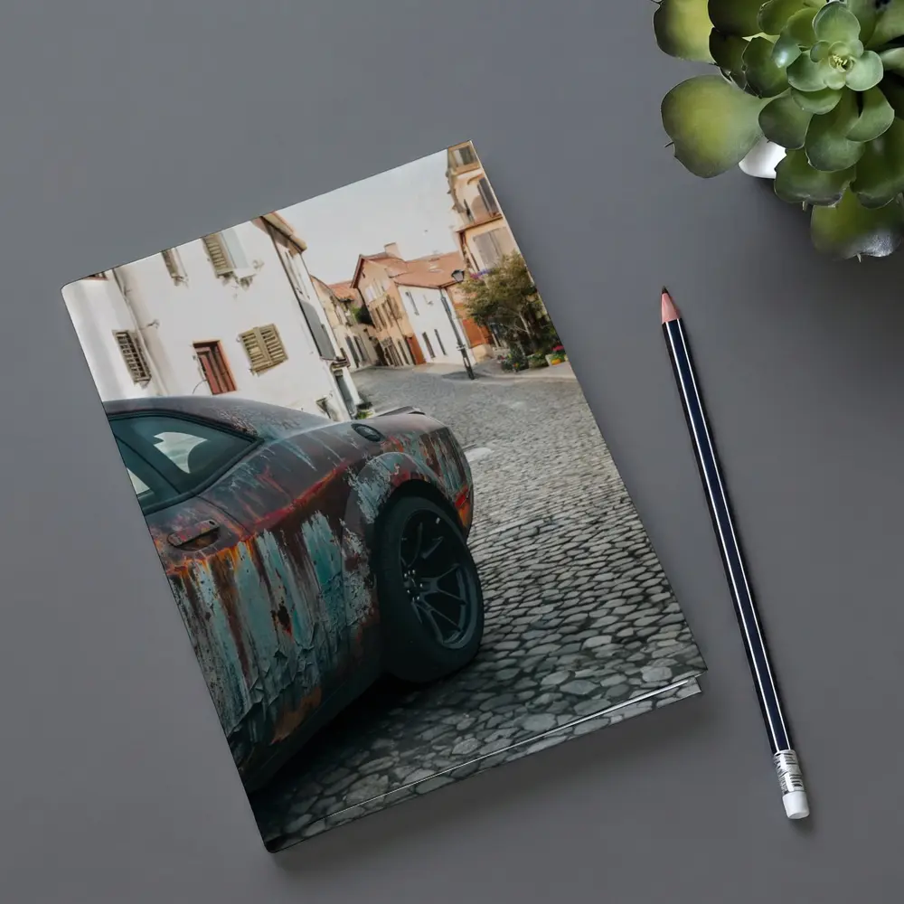 Rusty Dodge Challenger on Cobblestone Street – Notebooks