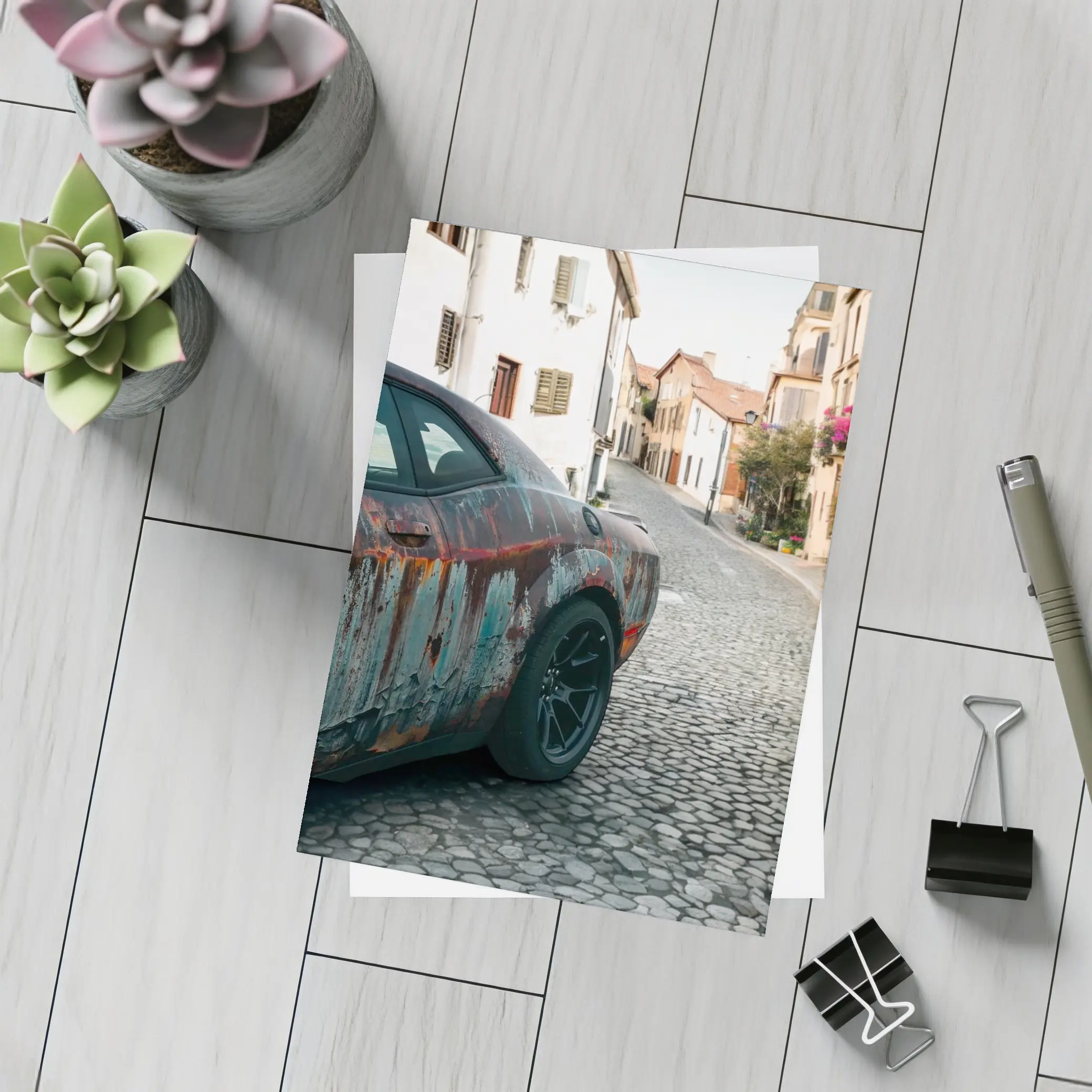 Rusty Dodge Challenger on Cobblestone Street – Postcards