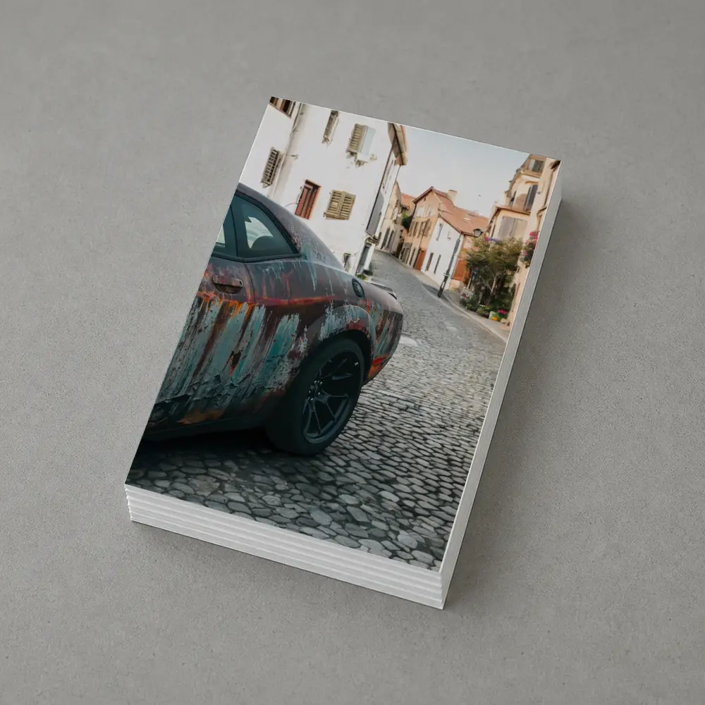 Rusty Dodge Challenger on Cobblestone Street – Postcards