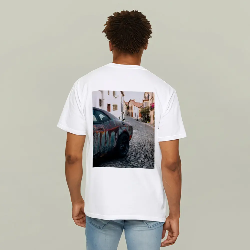Rusty Dodge Challenger on Cobblestone Street – T-Shirts