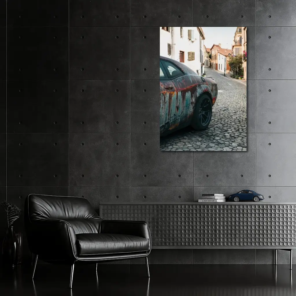 Rusty Dodge Challenger on Cobblestone Street – Wall Art