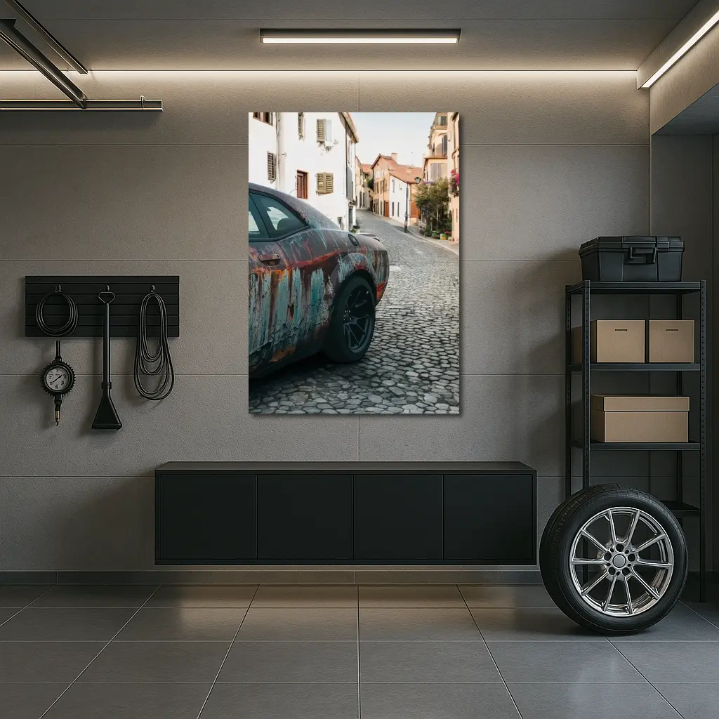 Rusty Dodge Challenger on Cobblestone Street – Wall Art